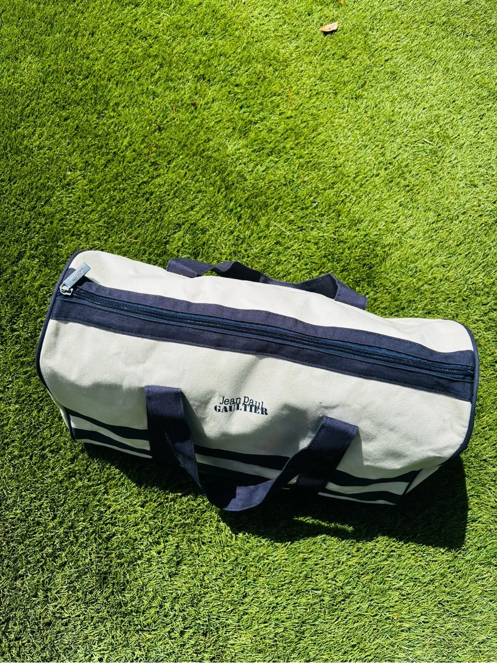 Jean Paul Gaultier White and Navy Striped Canvas Duffel